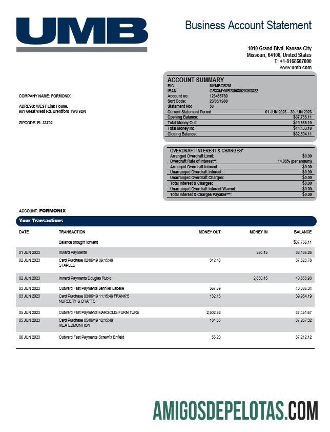Baixável UMB Bank Enterprise modelo de extrato de conta Word e PDF